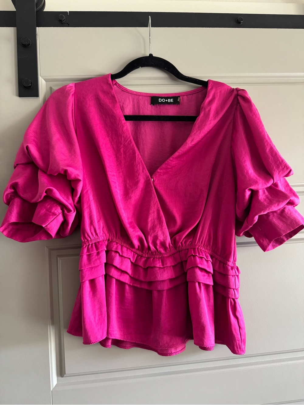 DO+BE Bright Fuchsia Ruffled V-Neck Peplum Blouse